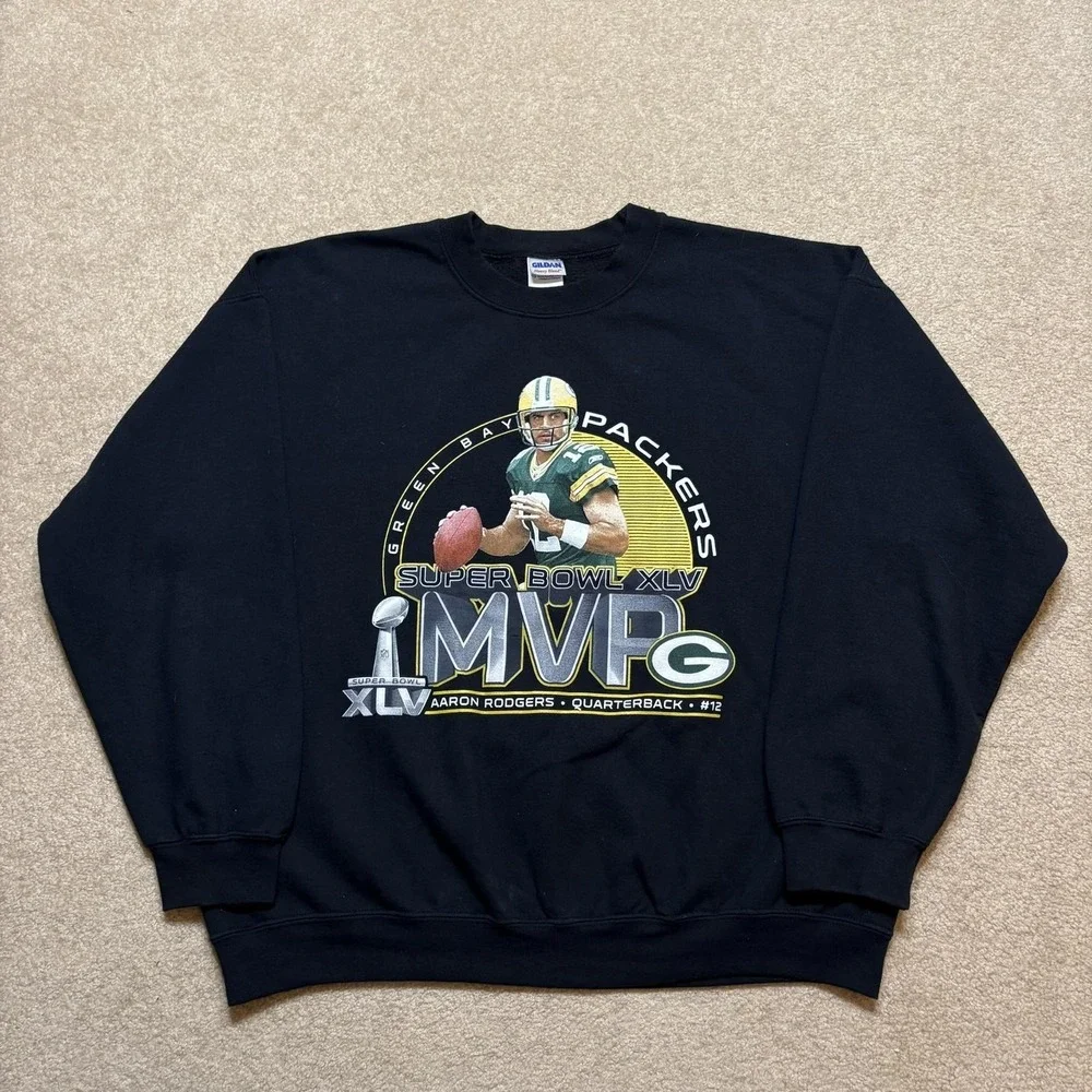 Green Bay Packers Sweatshirt Mens XL Black NFL Football Aaron Rodgers MVP Gildan